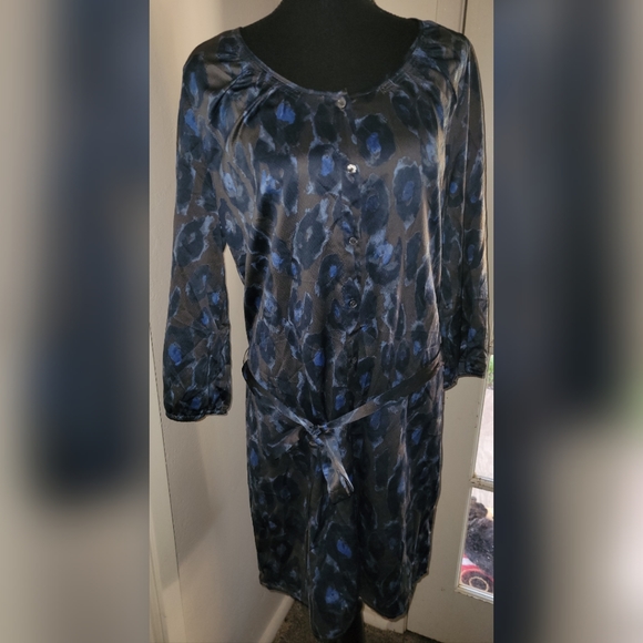 EXPRESS Blue Leopard Print Button Down Belted Dress Large - Picture 1 of 6